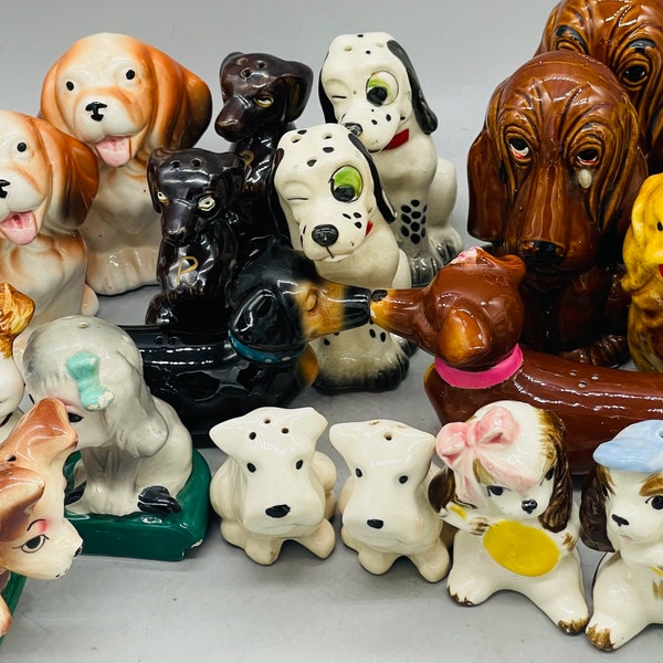 Ceramic Dog Salt and Pepper Figural Shakers Sold In Sets