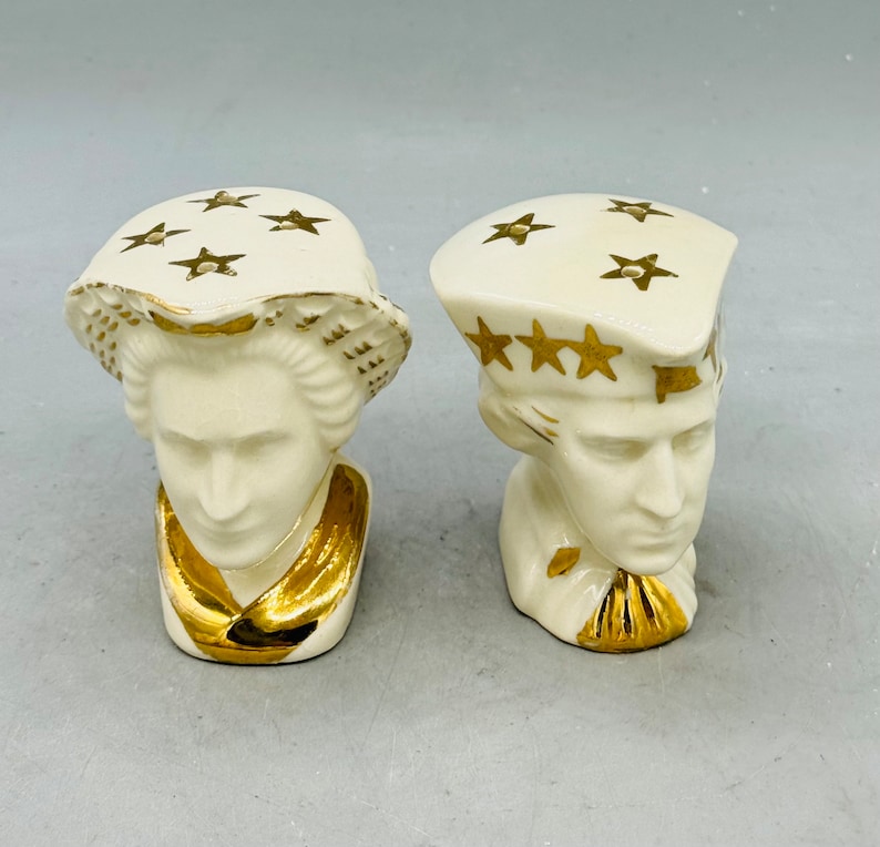 Vintage Ceramic American Themed Salt and Pepper Shakers Sold Individually ivory w/ Gold Heads