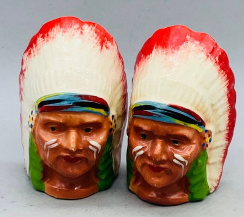 Vintage Ceramic American Themed Salt and Pepper Shakers Sold Individually Indian Chief Heads