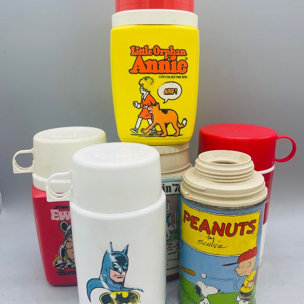 Vintage Thermos Peanuts, Star Wars Ewoks, Little Orphan Annie, Batman, Campbell’s, Back in 76 Vintage Lunch Thermos Bottle Sold Individually