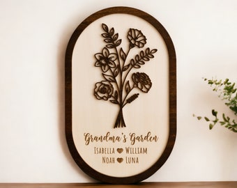 Personalized Birth Flower Sign, Gift For Nana, Layer Wood Art, Grandma Garden Sign, Wood Wall Art, With Children Names J34