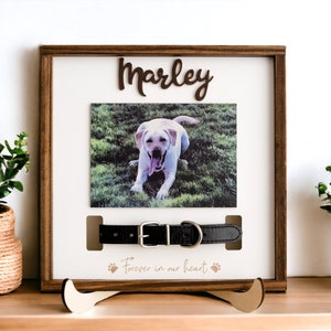 Puede incluir: Un marco de madera para memorial de mascotas con una foto de un perro, un collar y el texto "Marley" y "Forever in our heart".