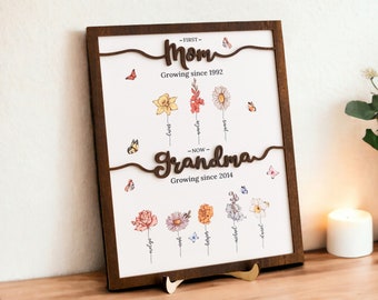 Birth Flower Name Sign, First Mom Now Grandma,  With Kids Names, Wooden Sign, Custom Mother's Day, Gift For Mom, Custom Flower Print J36