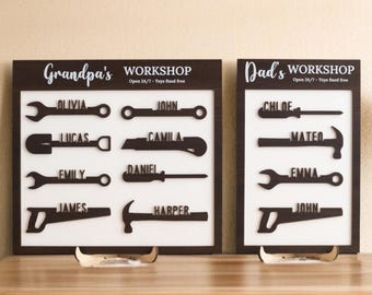 Personalized Dad or Grandpa Workshop Sign, Custom Wooden Father's Day Gift with Kids' Names, Rustic Tool Decor Y82