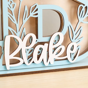 May include: A light blue wooden cutout of the letter "D" with a white cutout of the name "Blake" in the center. The letter is decorated with a floral design.