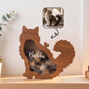 Puede incluir: Una caja de madera con forma de gato y panel frontal transparente que contiene pelo, con el nombre Bubba en letras blancas. Arriba, una pequeña foto muestra un gato de pelo largo, con una flecha negra que apunta hacia la caja.