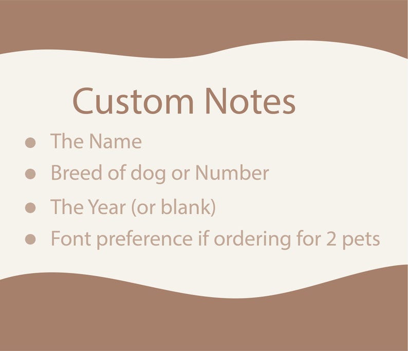Może przedstawiać: Grafika z tekstem "Custom Notes" i punktami wypunktowania, kt&oacute;re wymieniają szczeg&oacute;ły potrzebne do zam&oacute;wienia niestandardowego: Imię, rasa psa lub numer, rok (lub puste) i preferencje czcionki przy zamawianiu dla 2 zwierząt. Tło jest jasnobeżowe z brązowym akcentem.