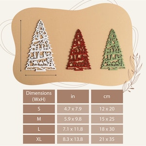 May include: A chart showing the dimensions of four sizes of wooden Christmas tree ornaments. The sizes are small, medium, large, and extra large. The dimensions are listed in inches and centimeters.