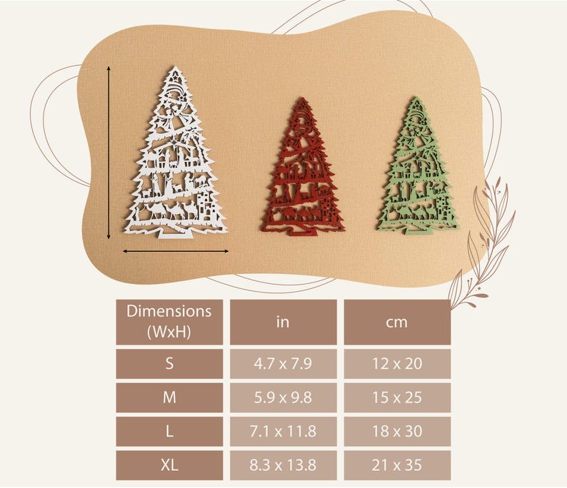 May include: A chart showing the dimensions of four sizes of wooden Christmas tree ornaments. The sizes are small, medium, large, and extra large. The dimensions are listed in inches and centimeters.