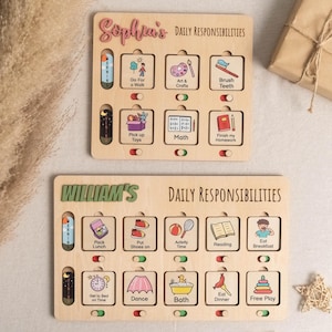 Op de afbeelding: Twee houten dagelijkse verantwoordelijkheidstabellen, één met de naam "Sophia's" en de andere "William's". Elke tabel bevat geïllustreerde taken zoals "Go for a Walk", "Brush Teeth" en "Eat Breakfast", met tuimelschakelaars om de voltooiing aan te geven. De tabellen zijn lichtbruin.