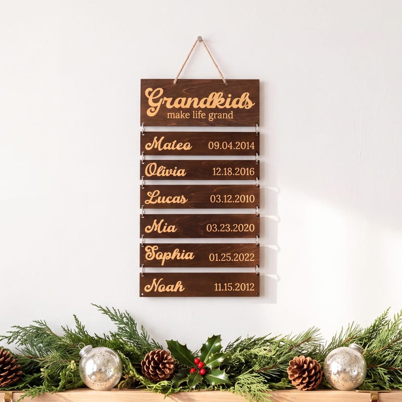 May include: A dark brown wooden wall hanging sign with six rectangular slats connected by metal rings. The top slat reads "Grandkids make life grand" and the five lower slats feature names and dates: Mateo 09.04.2014, Olivia 12.18.2016, Lucas 03.12.2010, Mia 03.23.2020, Sophia 01.25.2022, and Noah 11.15.2012.