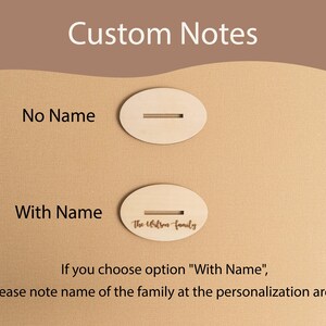 May include: Two wooden ornaments, one with a blank space and the other with the text "The Wilson family". The text indicates that the ornaments can be personalized with a family name.
