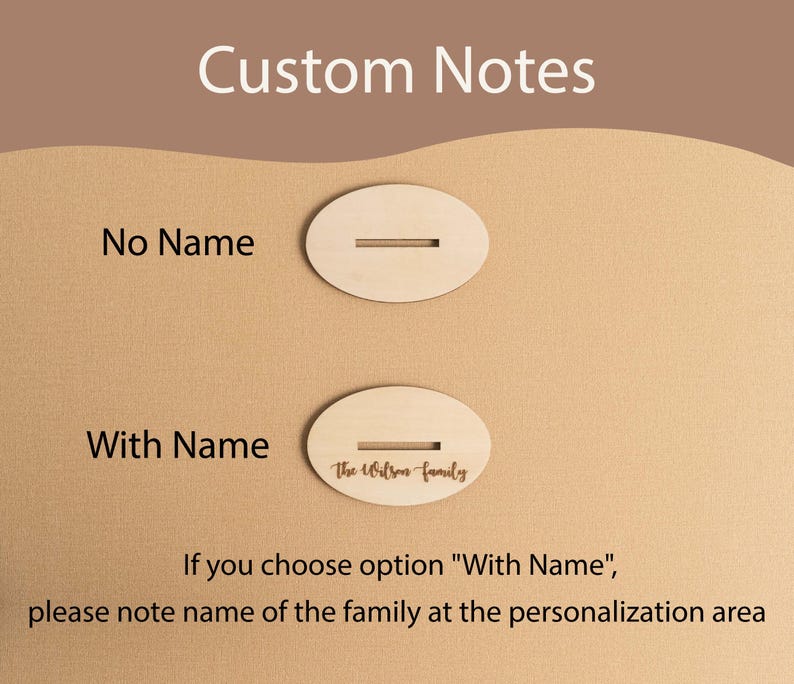 May include: Two wooden ornaments, one with a blank space and the other with the text "The Wilson family". The text indicates that the ornaments can be personalized with a family name.