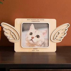 May include: A wooden pet memorial photo frame with angel wings. The frame holds a photo of a cat and has the text "BEST FRIENDS ARE NEVER FORGOTTEN" and the cat's name and dates.