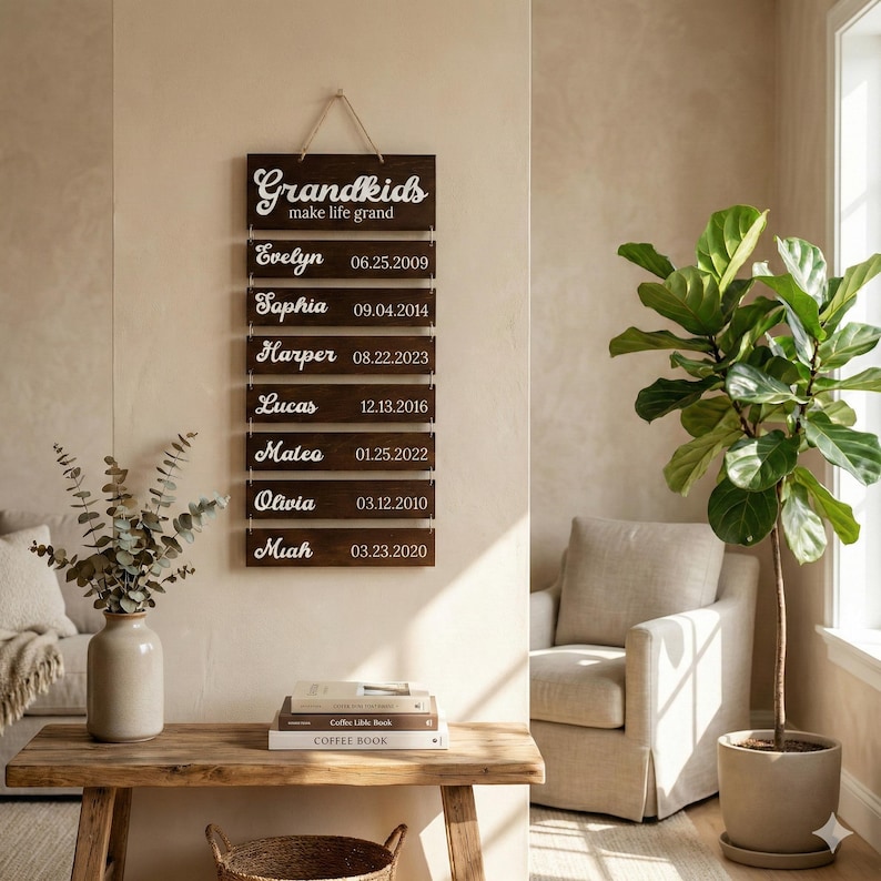 May include: A vertical wall hanging sign made of dark brown wood planks connected by twine. The top plank reads "Grandkids make life grand" in white script. Below are seven planks featuring names and birth dates: Evelyn, Saphia, Harper, Lucas, Mateo, Olivia, and Miah.