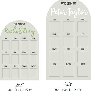 May include: Two printable charts for tracking a baby's first year. The charts are shaped like arches and have a space for a name at the top. The first chart is 2x3 inches and measures 10 inches wide by 15.3 inches high. The second chart is 3x3 inches and measures 11.4 inches wide by 20.8 inches high. Both charts have 12 blank squares for recording milestones.