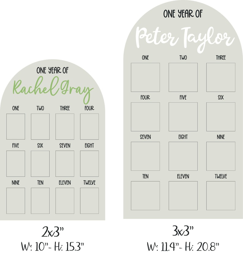 May include: Two printable charts for tracking a baby's first year. The charts are shaped like arches and have a space for a name at the top. The first chart is 2x3 inches and measures 10 inches wide by 15.3 inches high. The second chart is 3x3 inches and measures 11.4 inches wide by 20.8 inches high. Both charts have 12 blank squares for recording milestones.