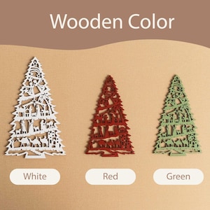 May include: Three wooden Christmas tree ornaments in white, red, and green. Each ornament features a detailed design of a Christmas scene.