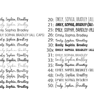 May include: A list of different font styles for the names Emily, Sophia, and Bradley. The names are shown in various styles, including all caps, cursive, and a combination of both.