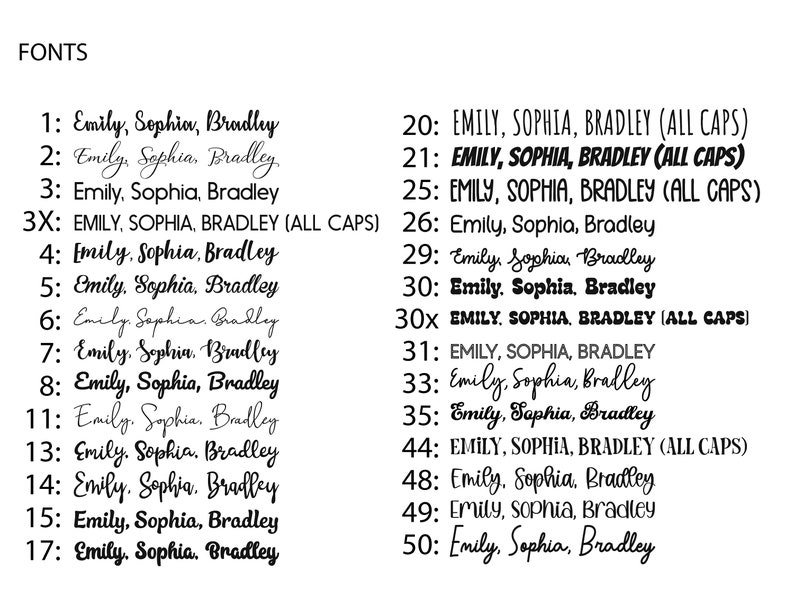 May include: A list of different font styles for the names Emily, Sophia, and Bradley. The names are shown in various styles, including all caps, cursive, and a combination of both.