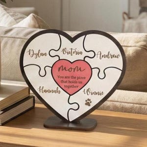Cadre de puzzle coeur en bois personnalisé, présentoir de table de nom de famille E95