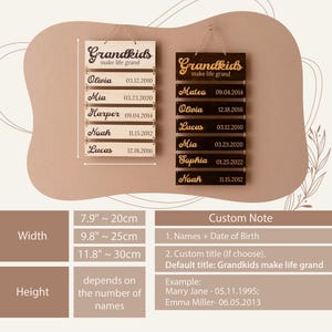 May include: Two rectangular wooden wall signs with hanging twine, one light wood and one dark wood. Each features the text "Grandkids make life grand" and lists names with birth dates on attached slats. Width options are 7.9, 9.8, and 11.8 inches.
