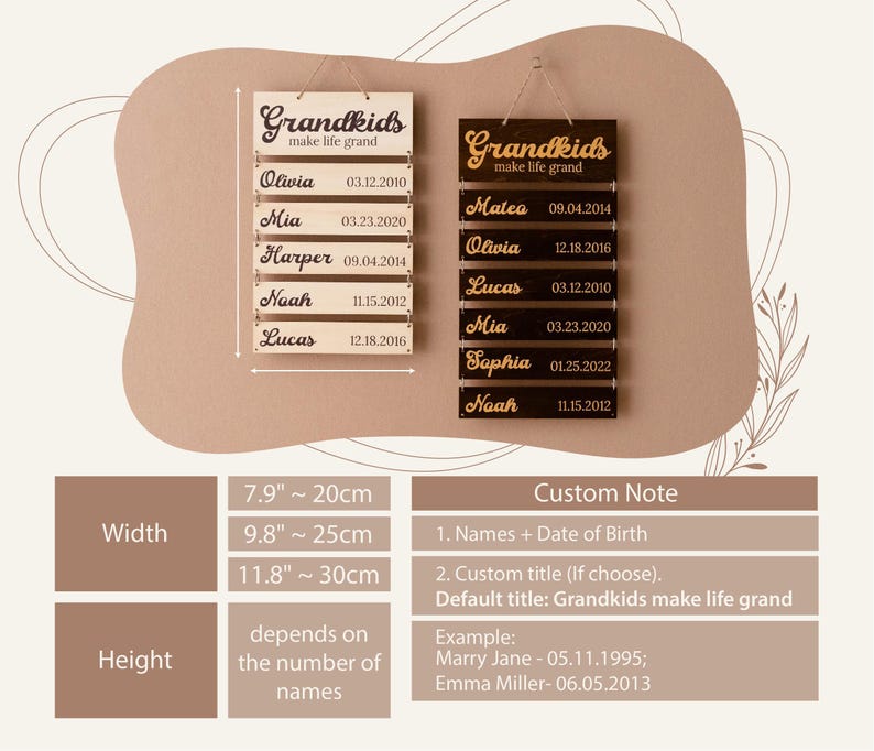 May include: Two rectangular wooden wall signs with hanging twine, one light wood and one dark wood. Each features the text "Grandkids make life grand" and lists names with birth dates on attached slats. Width options are 7.9, 9.8, and 11.8 inches.