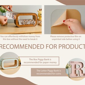 May include: Two wooden piggy banks, one shaped like a box and the other shaped like the letter R. The box piggy bank is recommended for paper money and the letter piggy bank is recommended for coins. Both piggy banks are personalised with the name "Blakely".
