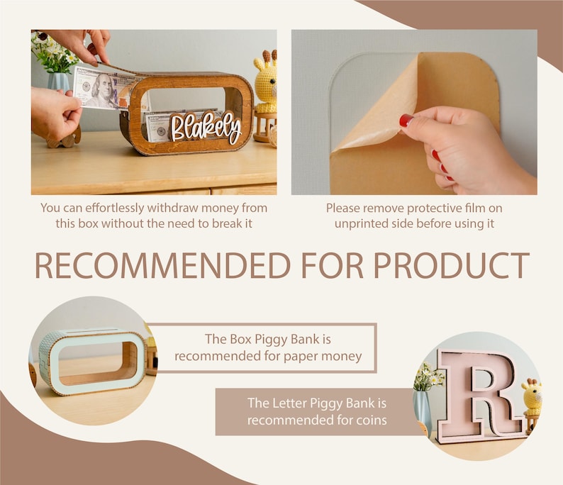 May include: Two wooden piggy banks, one shaped like a box and the other shaped like the letter R. The box piggy bank is recommended for paper money and the letter piggy bank is recommended for coins. Both piggy banks are personalised with the name "Blakely".