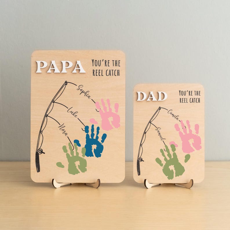Personalized Fishing Rod Handprint Gift for Dad, Wooden Keepsake for ...