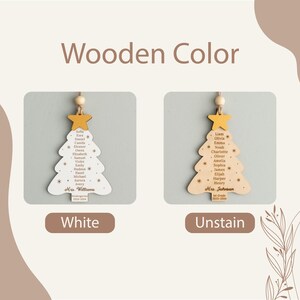 May include: Two wooden Christmas tree ornaments with names of students and teacher's name. The ornament on the left is white and the ornament on the right is unstained.