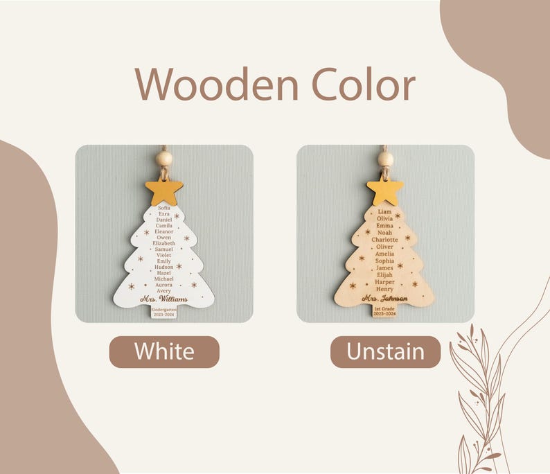 May include: Two wooden Christmas tree ornaments with names of students and teacher's name. The ornament on the left is white and the ornament on the right is unstained.
