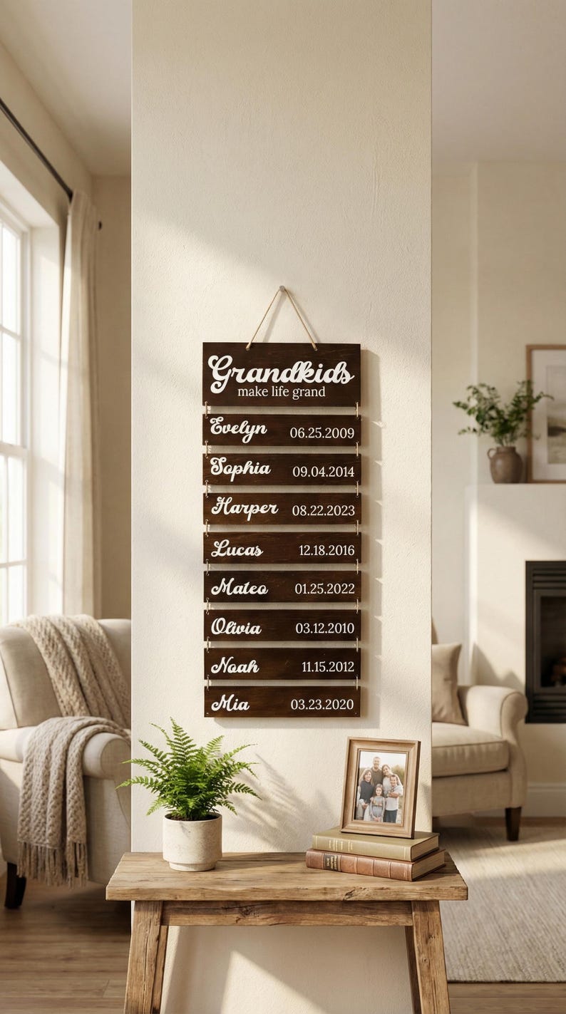 May include: A dark brown wooden wall hanging sign featuring the text Grandkids make life grand at the top, followed by eight horizontal slats listing names and birth dates including Evelyn 06.25.2009, Sophia 09.04.2014, Harper 08.22.2023, Lucas 12.18.2016, Mateo 01.25.2022, Olivia 03.12.2010, Noah 11.15.2012, and Mia 03.23.2020.