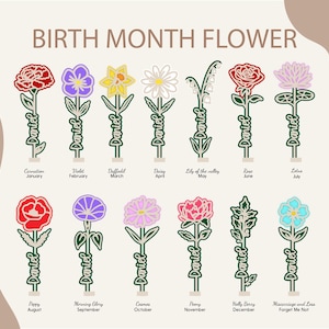May include: A chart showing the birth month flower for each month of the year. The flowers are illustrated with their names listed below. The flowers are carnation, violet, daffodil, daisy, lily of the valley, rose, lotus, poppy, morning glory, cosmos, peony, holly berry, and forget-me-not.