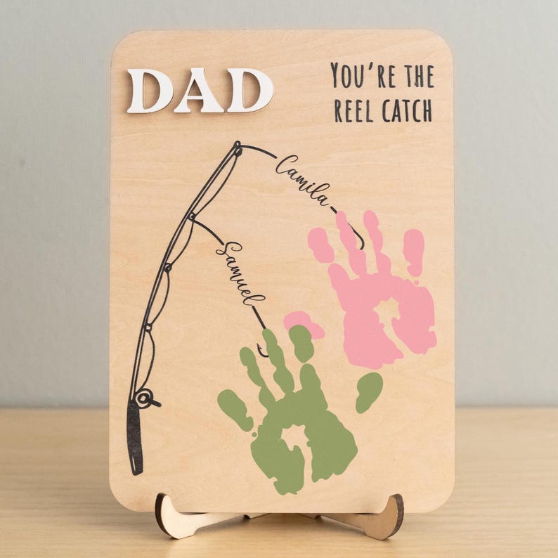 Personalized Fishing Rod Handprint Gift for Dad, Wooden Keepsake for ...