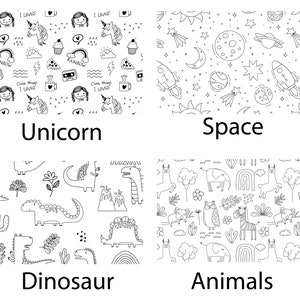 Puede incluir: Una cuadr&iacute;cula de cuatro paneles con patrones de arte lineal en blanco y negro. El panel superior izquierdo muestra unicornios, arco&iacute;ris y el texto 'I LOVED' y 'Cute things I LOVED'. El superior derecho muestra elementos espaciales. Abajo, dinosaurios y animales.