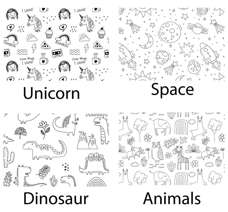 Puede incluir: Una cuadr&iacute;cula de cuatro paneles con patrones de arte lineal en blanco y negro. El panel superior izquierdo muestra unicornios, arco&iacute;ris y el texto 'I LOVED' y 'Cute things I LOVED'. El superior derecho muestra elementos espaciales. Abajo, dinosaurios y animales.