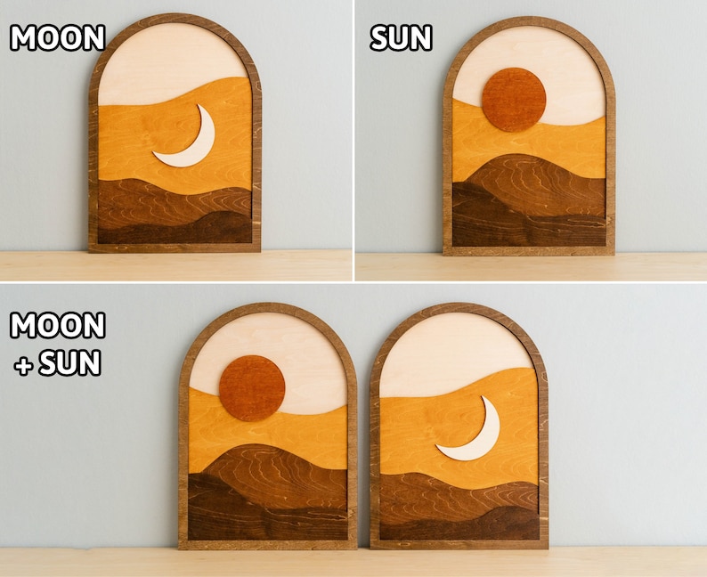 Pu&ograve; includere: Arte da parete in legno con un design paesaggistico minimalista, con un sole o una luna. L'opera d'arte &egrave; in una cornice ad arco marrone scuro, con sfumature a strati di marrone, beige e crema. Le parole "MOON" e "SUN" sono visibili.
