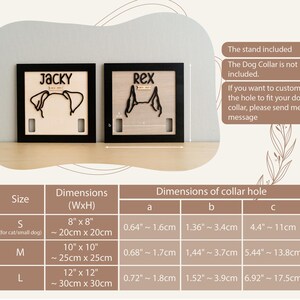 May include: Two wooden dog collar holders with black frames. One is labeled "Jacky" and the other "Rex", each featuring a cutout of dog ears. Dimensions are provided for small, medium, and large sizes, ranging from 8" x 8" to 12" x 12".