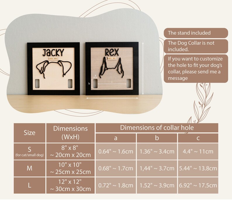 May include: Two wooden dog collar holders with black frames. One is labeled "Jacky" and the other "Rex", each featuring a cutout of dog ears. Dimensions are provided for small, medium, and large sizes, ranging from 8" x 8" to 12" x 12".
