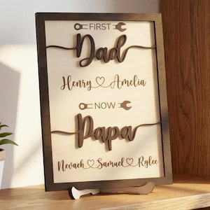 Letrero de madera "De papá a papá" con nombres personalizados para niños, ideal para una decoración familiar minimalista D76