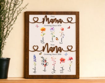 Birth Flowers Sign , First Mom Now Grandma, Grammy Gifts, Wooden Sign, With Grandkids Names, Birth Flower Print, Wood Plaque J65