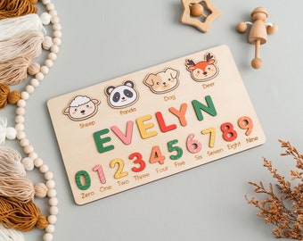 Wooden Baby Busy Board, Busy Board, Personalized Baby, 1 2 3 4 5 Year Old, Removable Numbers, Pink Pastel Rainbow, Kids Wooden Toys J81
