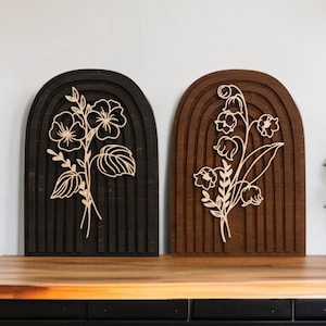 Arazzo da parete in legno con fiori selvatici, regalo floreale per il mese di nascita, decorazione boho, decorazione con piante, decorazione da parete boho R25
