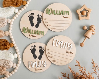 Baby Birth Sign, Newborn Decor, Baby Footprint Sign, Baby Name Sign, Baby Photo Prop, Name Reveal, Birth Announcement, Baby Shower Gift J57