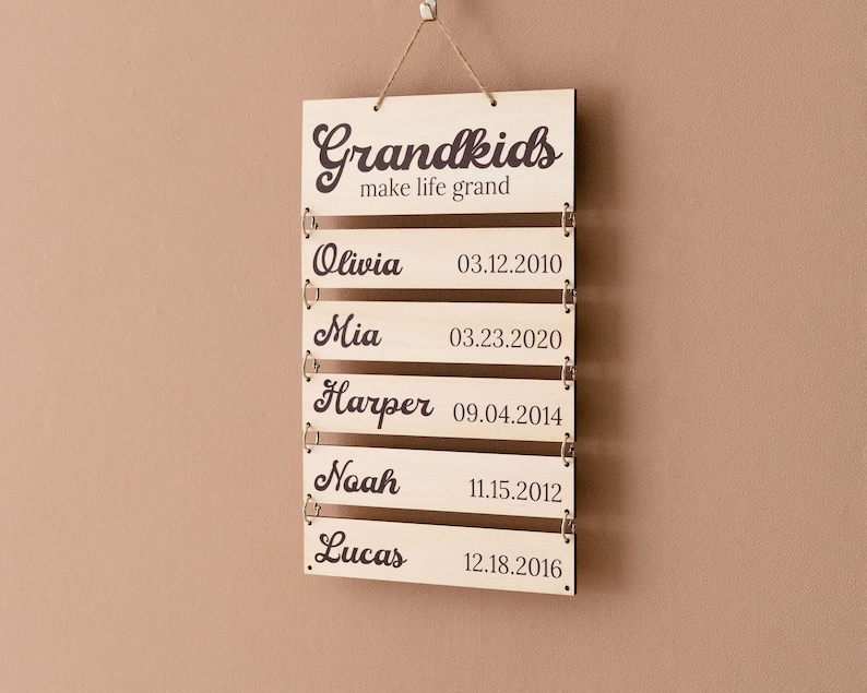 May include: A light-colored wooden wall hanging featuring the text "Grandkids make life grand" at the top. Below, five smaller rectangular wooden slats are connected by metal rings, each displaying a name and a birth date in dark lettering.