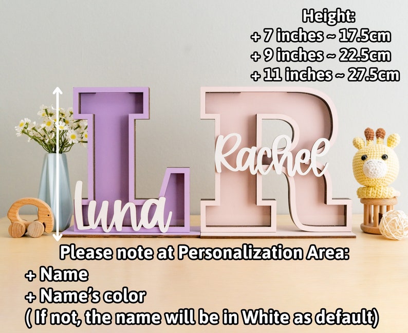 May include: Two wooden letters, L and R, painted in purple and pink, with the names "Luna" and "Rachel" written in white. The letters are 7, 9, or 11 inches tall, and can be personalized with a name and color.