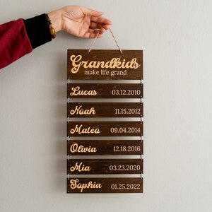 May include: A dark brown wooden wall hanging sign with six horizontal slats connected by metal rings. The top slat reads Grandkids make life grand. The five lower slats feature engraved names and dates: Lucas 03.12.2010, Noah 11.15.2012, Mateo 09.04.2014, Olivia 12.18.2016, Mia 03.23.2020, and Sophia 01.25.2022.