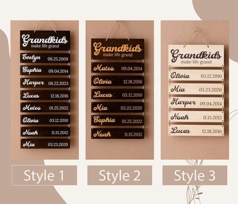 May include: Three rectangular wooden wall signs with hanging twine, each featuring the text Grandkids make life grand and multiple horizontal slats engraved with names and dates. The signs vary in wood finish, including dark and light tones.