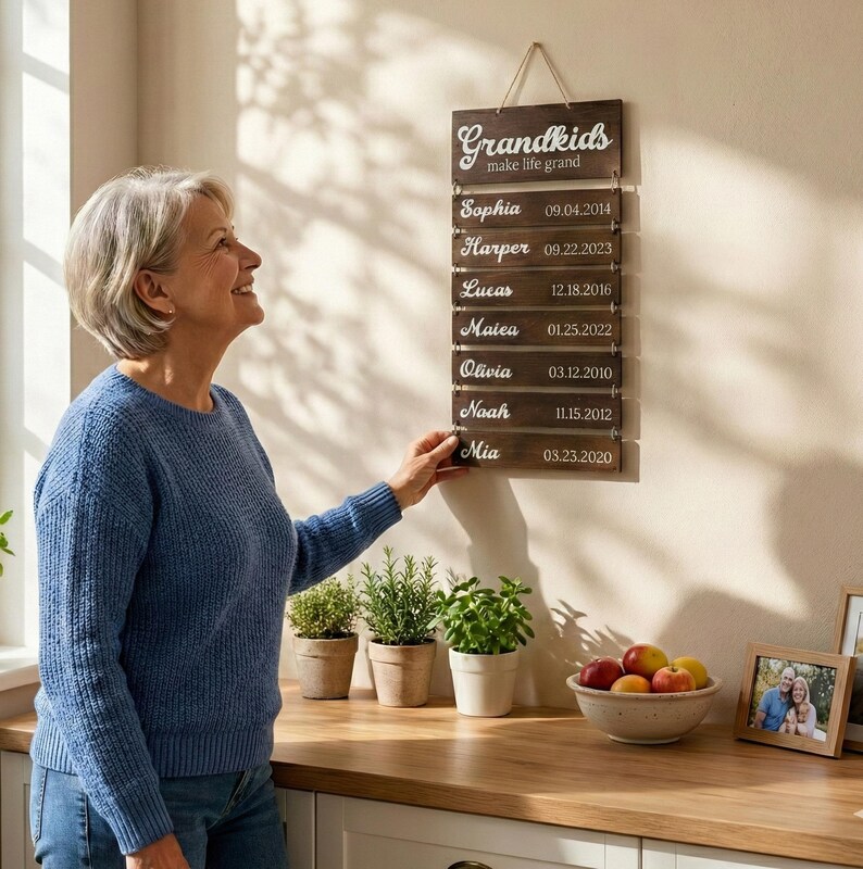 May include: A vertical wooden wall hanging with the text Grandkids make life grand at the top, followed by seven smaller wooden slats connected by metal rings, each featuring a name and a birth date in white script and block lettering.